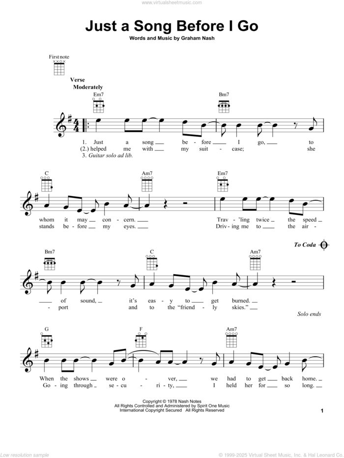 Just A Song Before I Go sheet music for ukulele by Crosby, Stills & Nash, Crosby, Stills, Nash & Young and Graham Nash, intermediate skill level