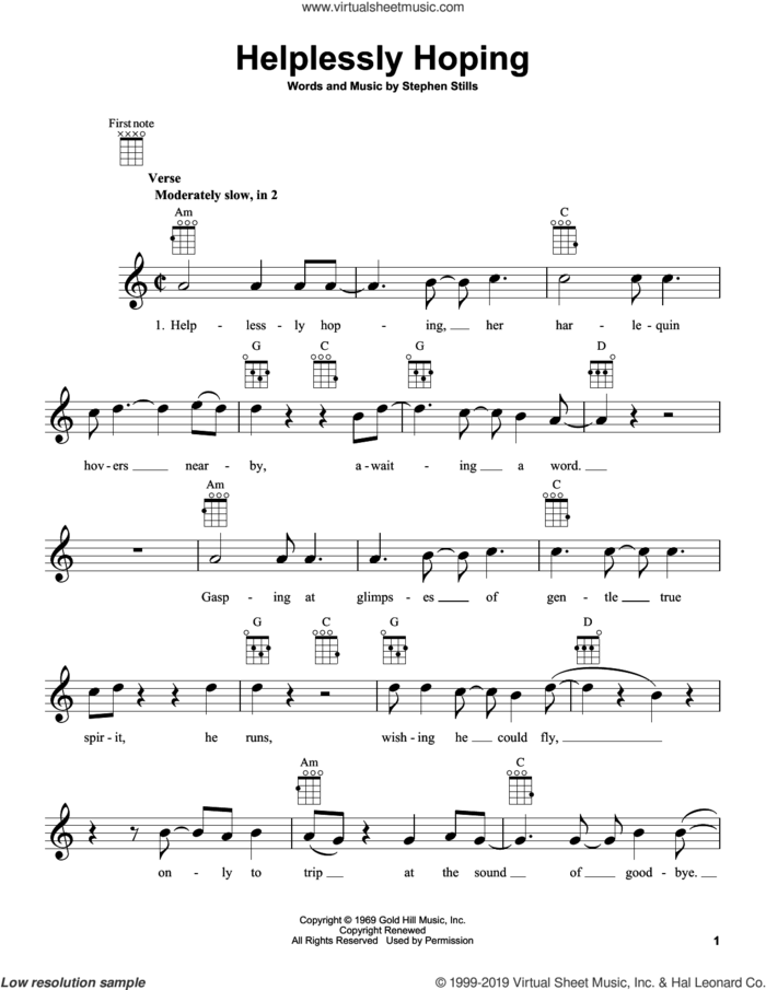 Helplessly Hoping sheet music for ukulele by Crosby, Stills, Nash & Young, Crosby, Stills and Nash and Stephen Stills, intermediate skill level