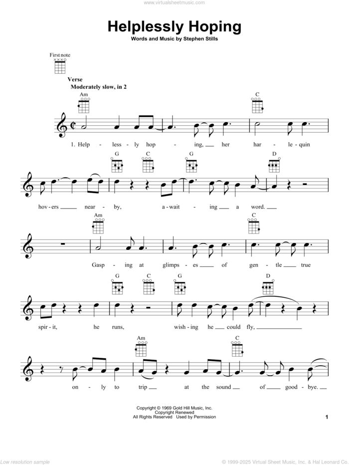 Helplessly Hoping sheet music for ukulele by Crosby, Stills, Nash & Young, Crosby, Stills and Nash and Stephen Stills, intermediate skill level