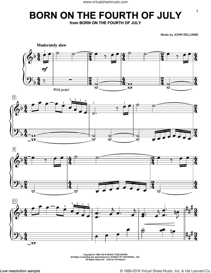 Born On The Fourth Of July, (easy) sheet music for piano solo by John Williams, easy skill level