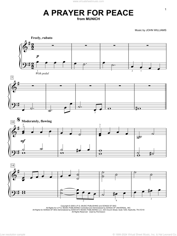 A Prayer For Peace (from Munich) sheet music for piano solo by John Williams, easy skill level