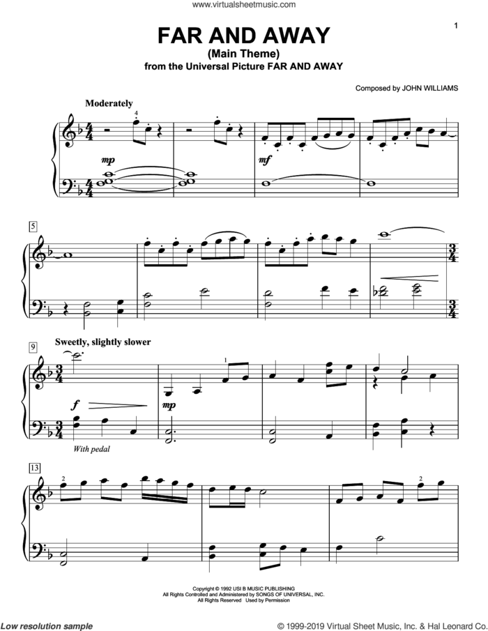 Far And Away (Main Theme), (easy) sheet music for piano solo by John Williams, easy skill level