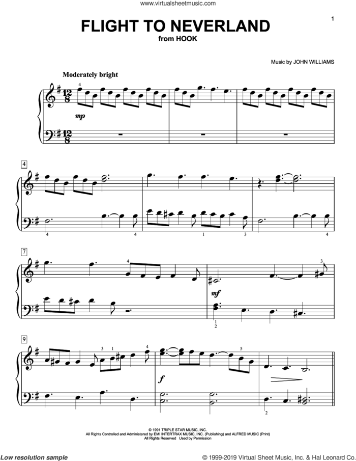 Flight To Neverland (from Hook) sheet music for piano solo by John Williams, easy skill level