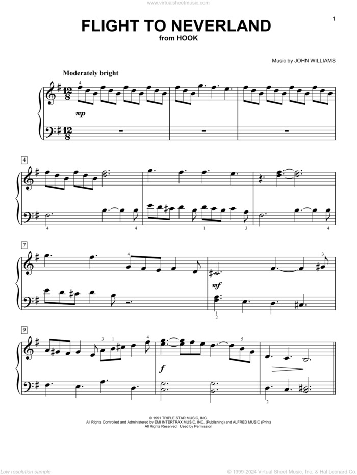 Flight To Neverland (from Hook) sheet music for piano solo by John Williams, easy skill level