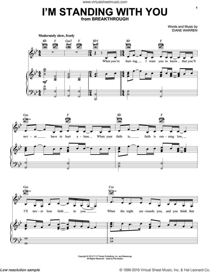 I'm Standing With You (from Breakthrough) sheet music for voice, piano or guitar by Chrissy Metz and Diane Warren, intermediate skill level