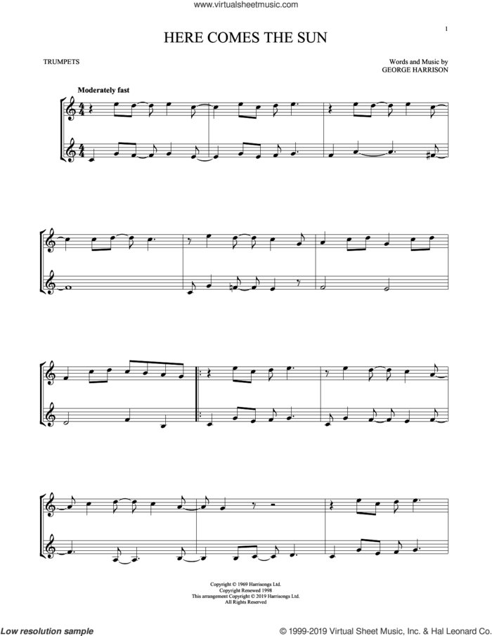 Here Comes The Sun sheet music for two trumpets (duet, duets) by The Beatles and George Harrison, intermediate skill level