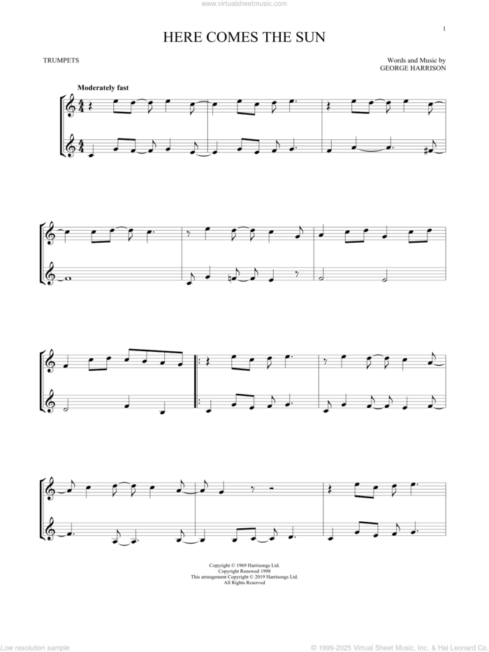 Here Comes The Sun sheet music for two trumpets (duet, duets) by The Beatles and George Harrison, intermediate skill level