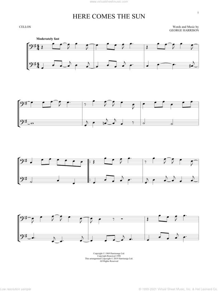 Here Comes The Sun sheet music for two cellos (duet, duets) by The Beatles and George Harrison, intermediate skill level