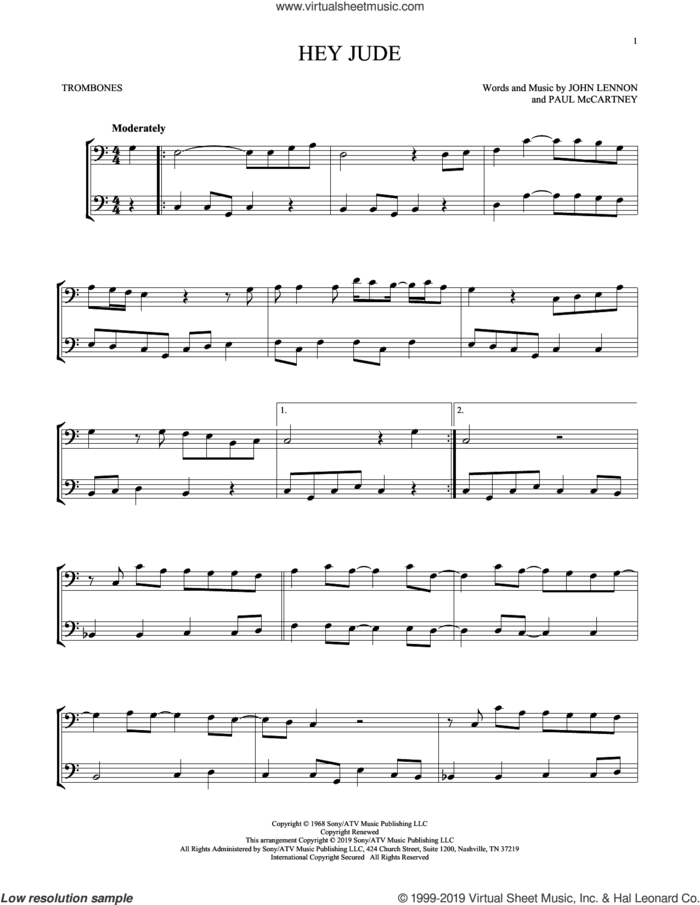 Hey Jude sheet music for two trombones (duet, duets) by The Beatles, John Lennon and Paul McCartney, intermediate skill level