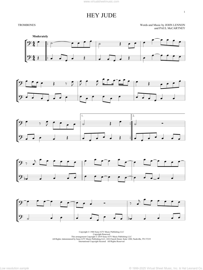 Hey Jude sheet music for two trombones (duet, duets) by The Beatles, John Lennon and Paul McCartney, intermediate skill level