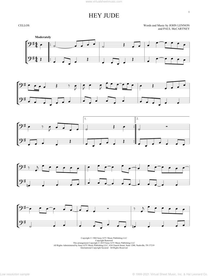 Hey Jude sheet music for two cellos (duet, duets) by The Beatles, John Lennon and Paul McCartney, intermediate skill level