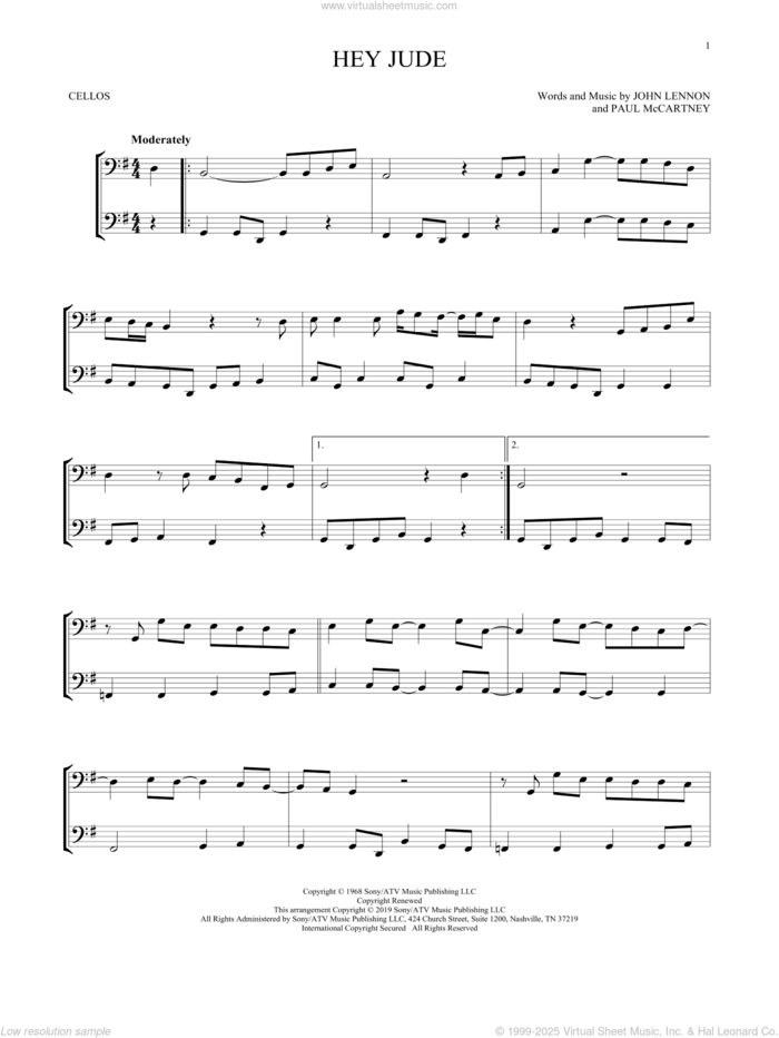 Hey Jude sheet music for two cellos (duet, duets) by The Beatles, John Lennon and Paul McCartney, intermediate skill level