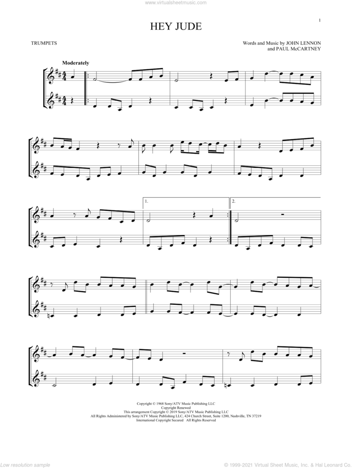 Hey Jude sheet music for two trumpets (duet, duets) by The Beatles, John Lennon and Paul McCartney, intermediate skill level