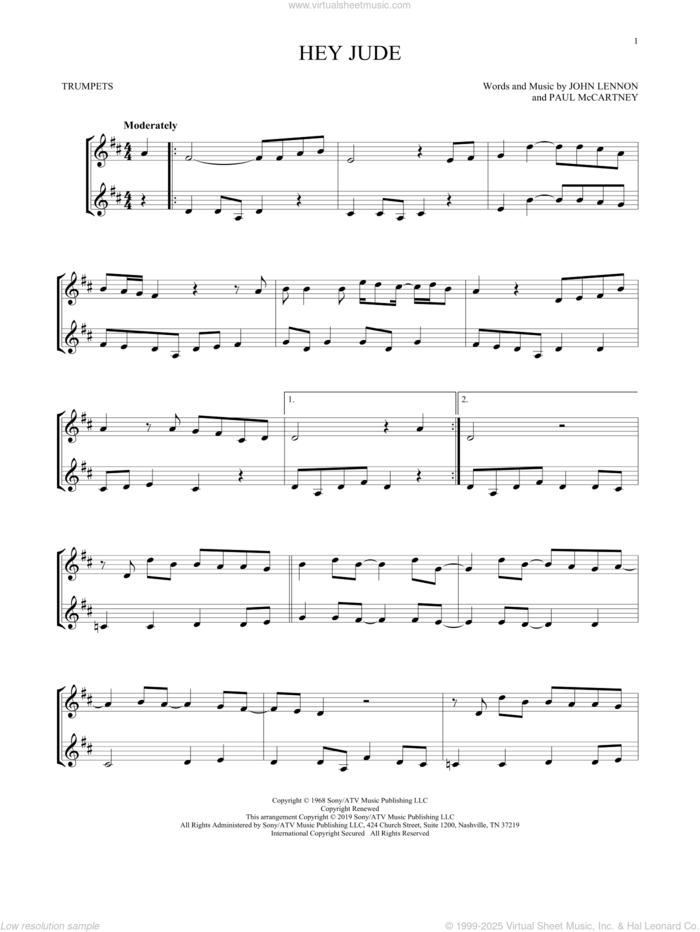 Hey Jude sheet music for two trumpets (duet, duets) by The Beatles, John Lennon and Paul McCartney, intermediate skill level