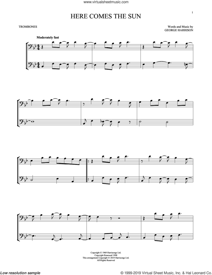Here Comes The Sun sheet music for two trombones (duet, duets) by The Beatles and George Harrison, intermediate skill level