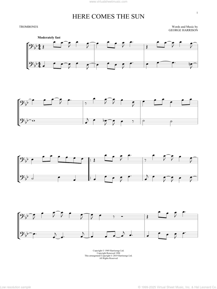 Here Comes The Sun sheet music for two trombones (duet, duets) by The Beatles and George Harrison, intermediate skill level