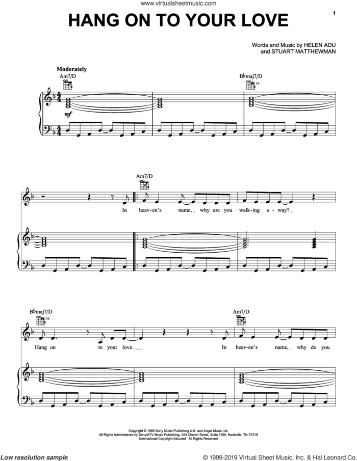 Hang On To Your Love sheet music for voice, piano or guitar by Sade, Helen Adu and Stuart Matthewman, intermediate skill level