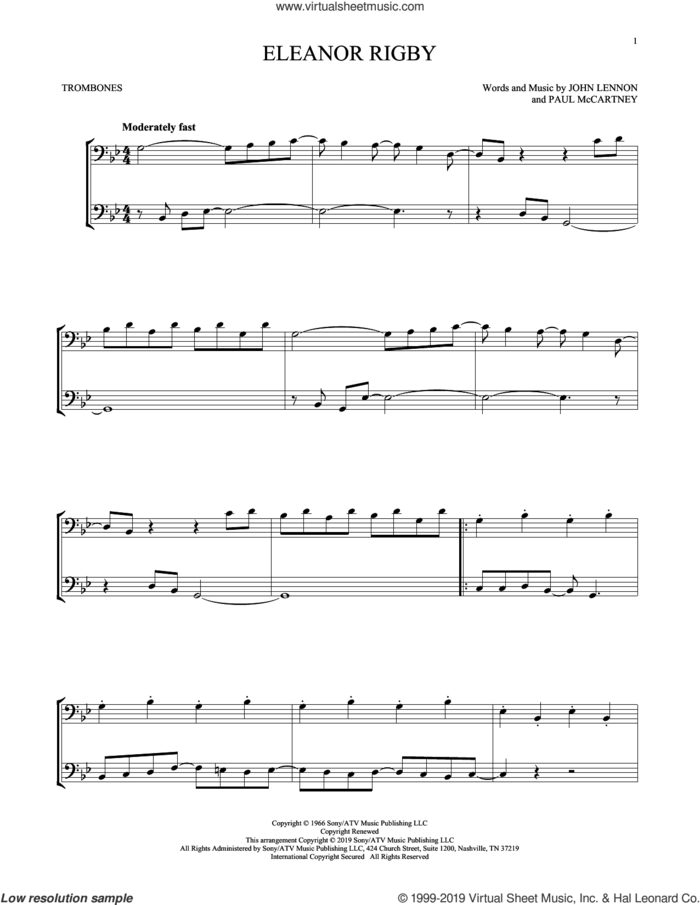 Eleanor Rigby sheet music for two trombones (duet, duets) by The Beatles, John Lennon and Paul McCartney, intermediate skill level