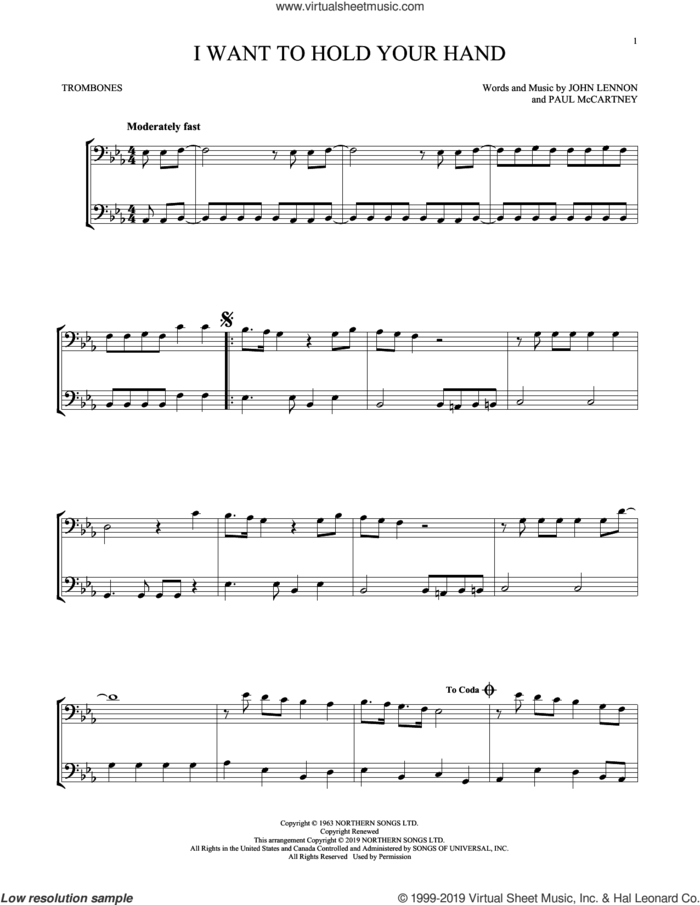 I Want To Hold Your Hand sheet music for two trombones (duet, duets) by The Beatles, John Lennon and Paul McCartney, intermediate skill level