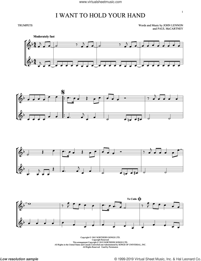 I Want To Hold Your Hand sheet music for two trumpets (duet, duets) by The Beatles, John Lennon and Paul McCartney, intermediate skill level