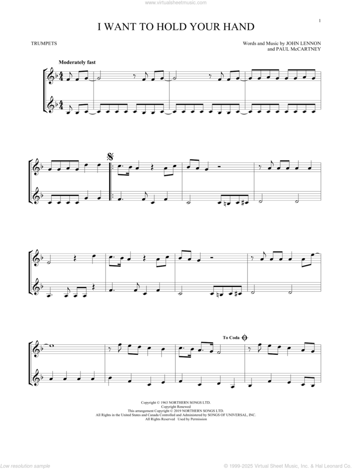 I Want To Hold Your Hand sheet music for two trumpets (duet, duets) by The Beatles, John Lennon and Paul McCartney, intermediate skill level