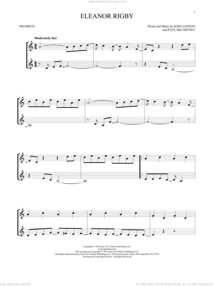 Eleanor Rigby sheet music for two trumpets (duet, duets) by The Beatles, John Lennon and Paul McCartney, intermediate skill level