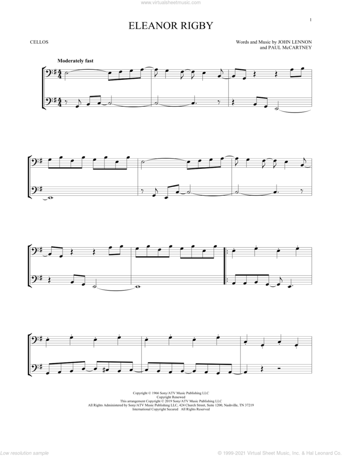 Eleanor Rigby sheet music for two cellos (duet, duets) by The Beatles, John Lennon and Paul McCartney, intermediate skill level