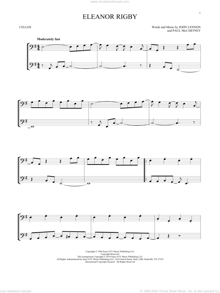 Eleanor Rigby sheet music for two cellos (duet, duets) by The Beatles, John Lennon and Paul McCartney, intermediate skill level