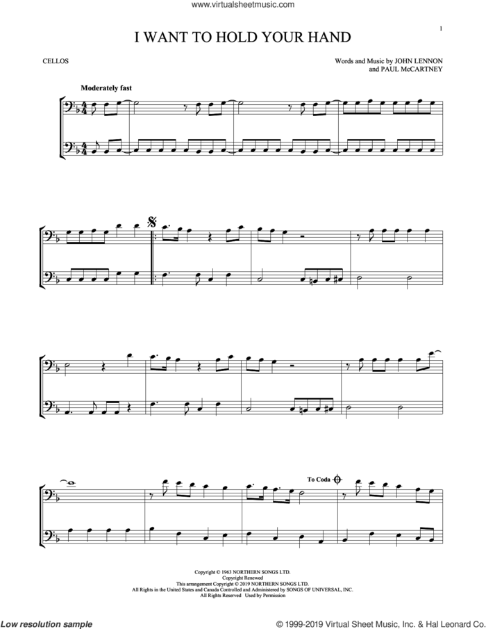 I Want To Hold Your Hand sheet music for two cellos (duet, duets) by The Beatles, John Lennon and Paul McCartney, intermediate skill level