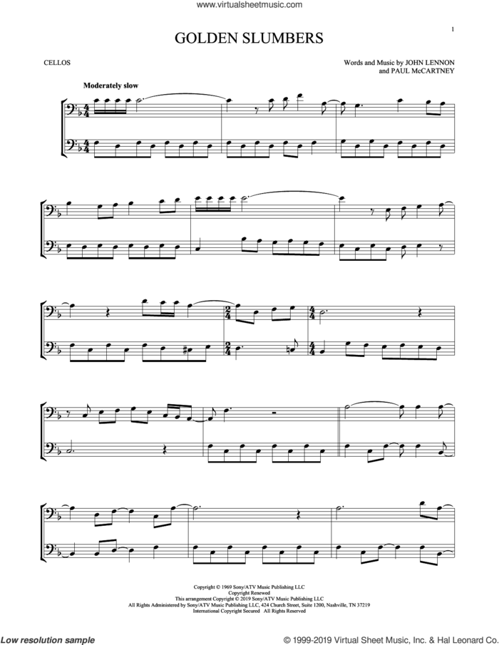Golden Slumbers sheet music for two cellos (duet, duets) by The Beatles, John Lennon and Paul McCartney, intermediate skill level