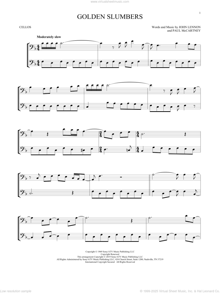 Golden Slumbers sheet music for two cellos (duet, duets) by The Beatles, John Lennon and Paul McCartney, intermediate skill level