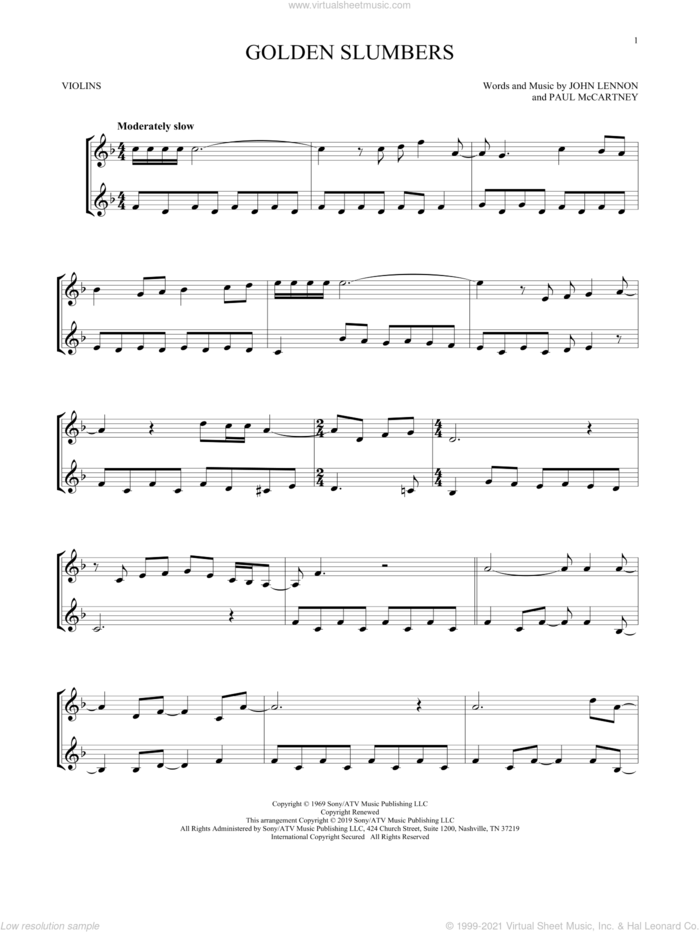Golden Slumbers sheet music for two violins (duets, violin duets) by The Beatles, John Lennon and Paul McCartney, intermediate skill level