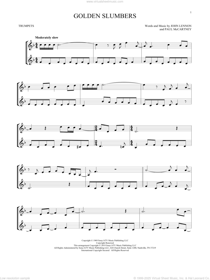 Golden Slumbers sheet music for two trumpets (duet, duets) by The Beatles, John Lennon and Paul McCartney, intermediate skill level