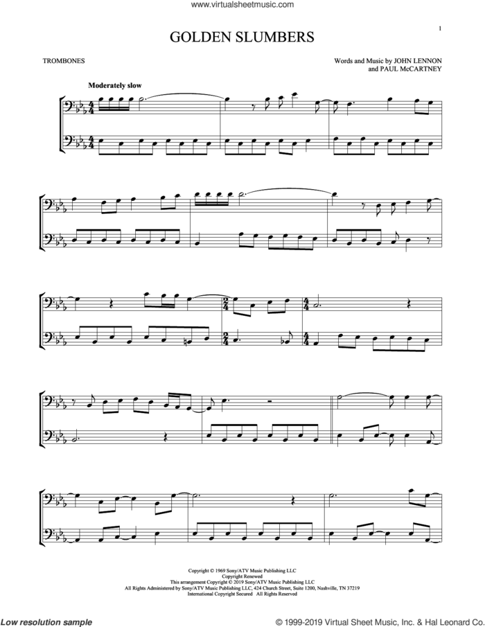 Golden Slumbers sheet music for two trombones (duet, duets) by The Beatles, John Lennon and Paul McCartney, intermediate skill level