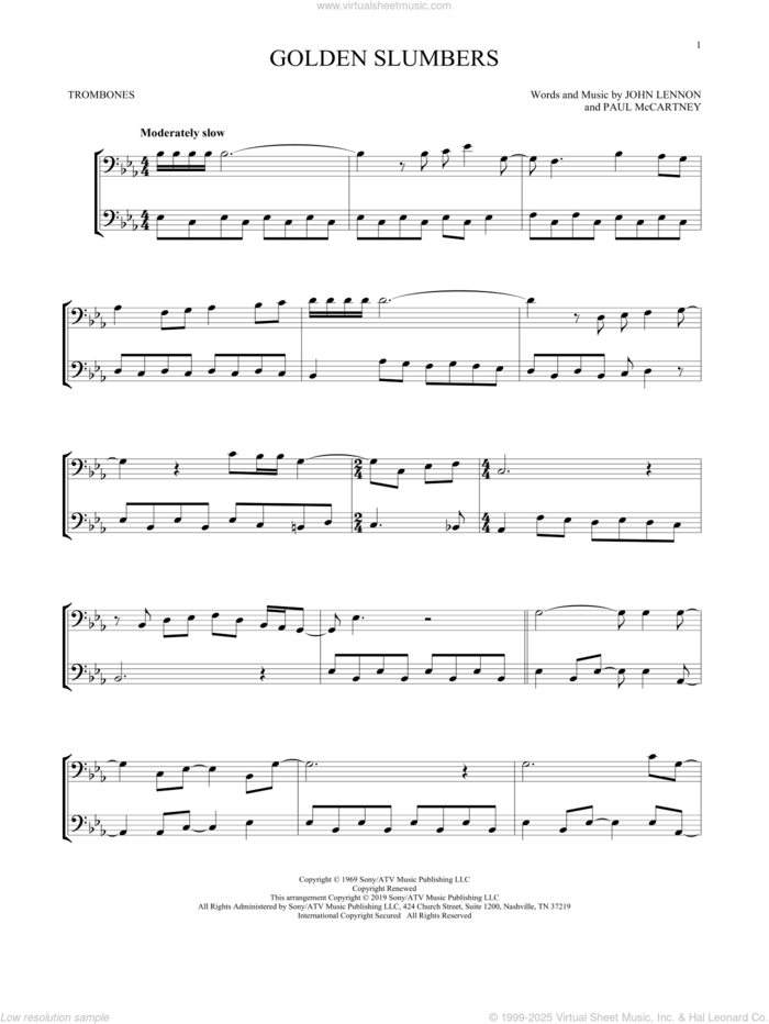 Golden Slumbers sheet music for two trombones (duet, duets) by The Beatles, John Lennon and Paul McCartney, intermediate skill level