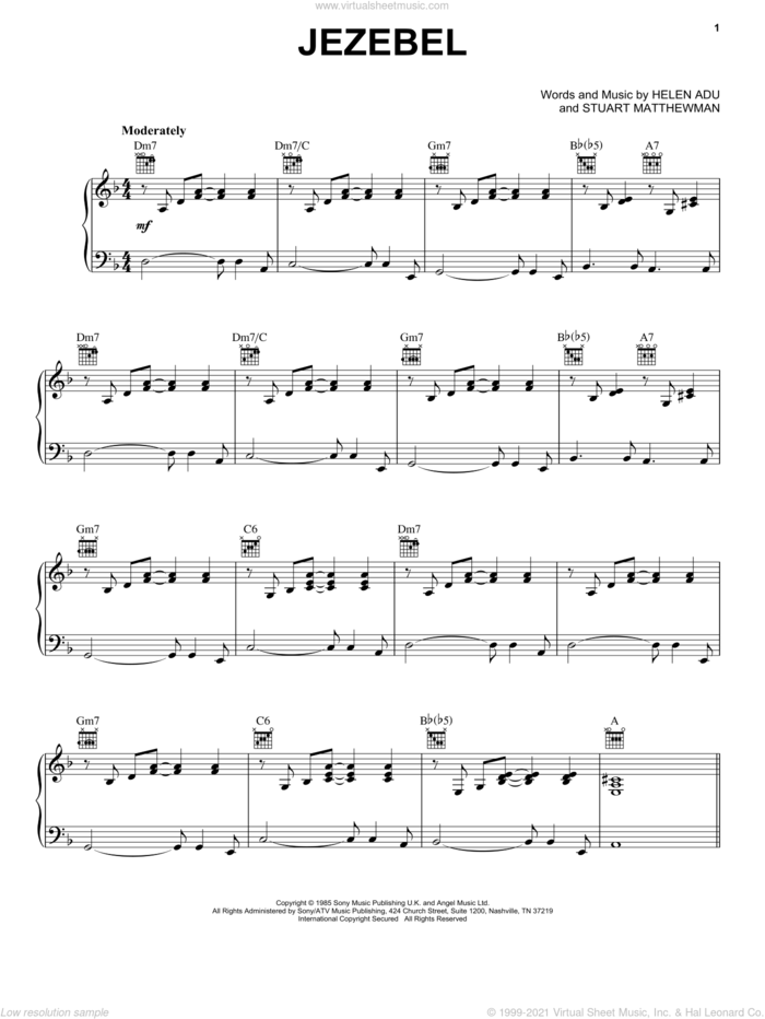 Jezebel sheet music for voice, piano or guitar by Sade, Helen Adu and Stuart Matthewman, intermediate skill level