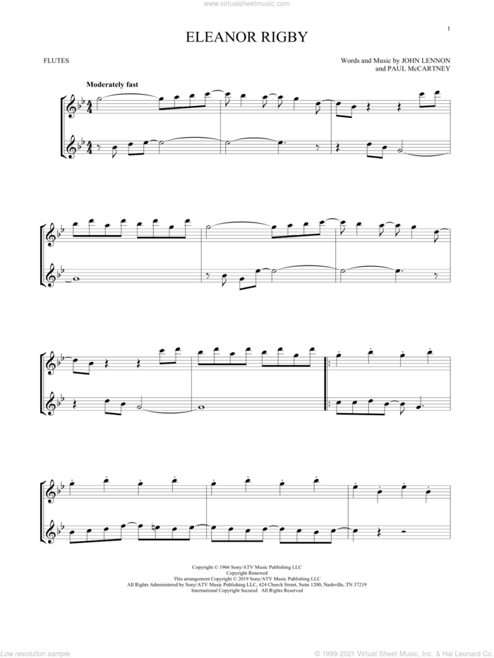 Eleanor Rigby sheet music for two flutes (duets) by The Beatles, John Lennon and Paul McCartney, intermediate skill level