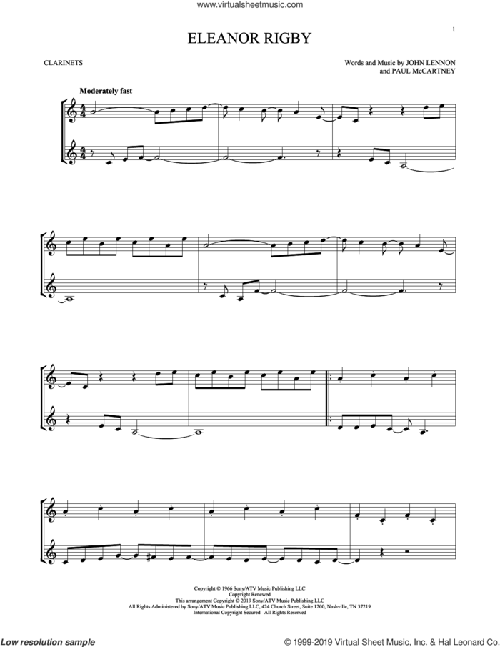 Eleanor Rigby sheet music for two clarinets (duets) by The Beatles and John Lennon, intermediate skill level