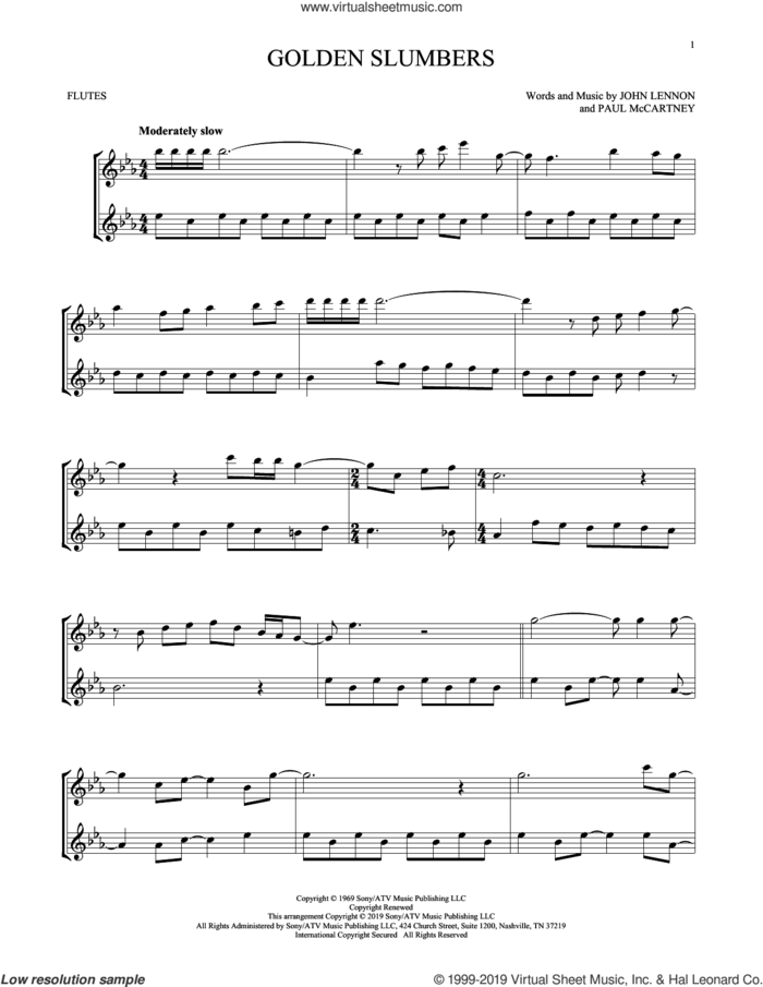 Golden Slumbers sheet music for two flutes (duets) by The Beatles, John Lennon and Paul McCartney, intermediate skill level