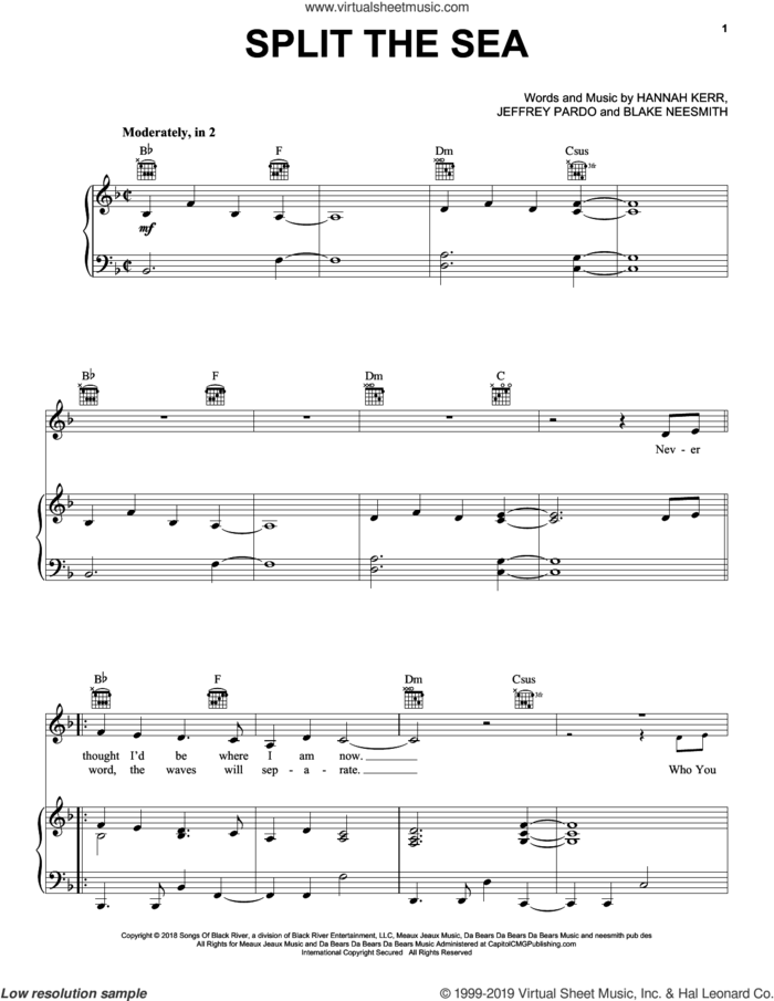 Split The Sea sheet music for voice, piano or guitar by Hannah Kerr, Blake Neesmith and Jeffrey Pardo, intermediate skill level