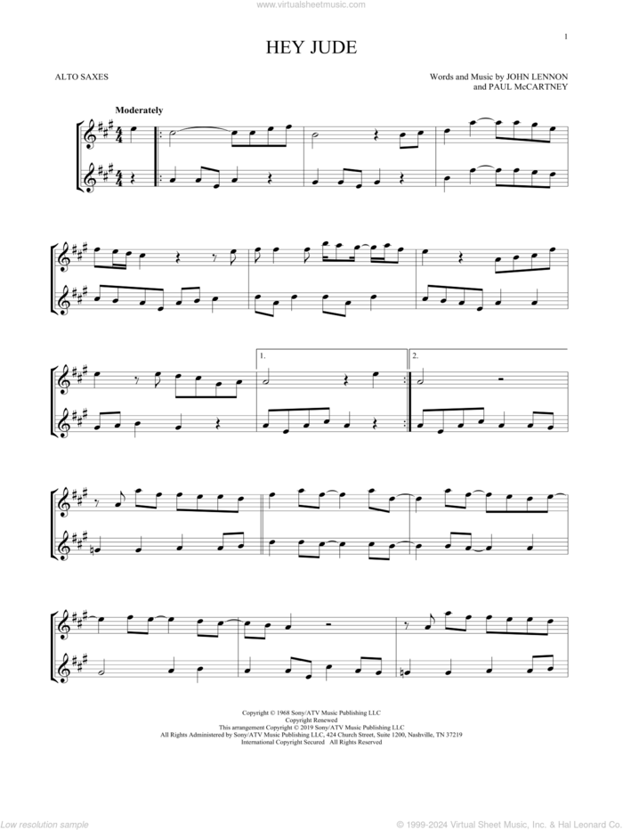 Hey Jude sheet music for two alto saxophones (duets) by Paul McCartney, The Beatles and John Lennon, intermediate skill level