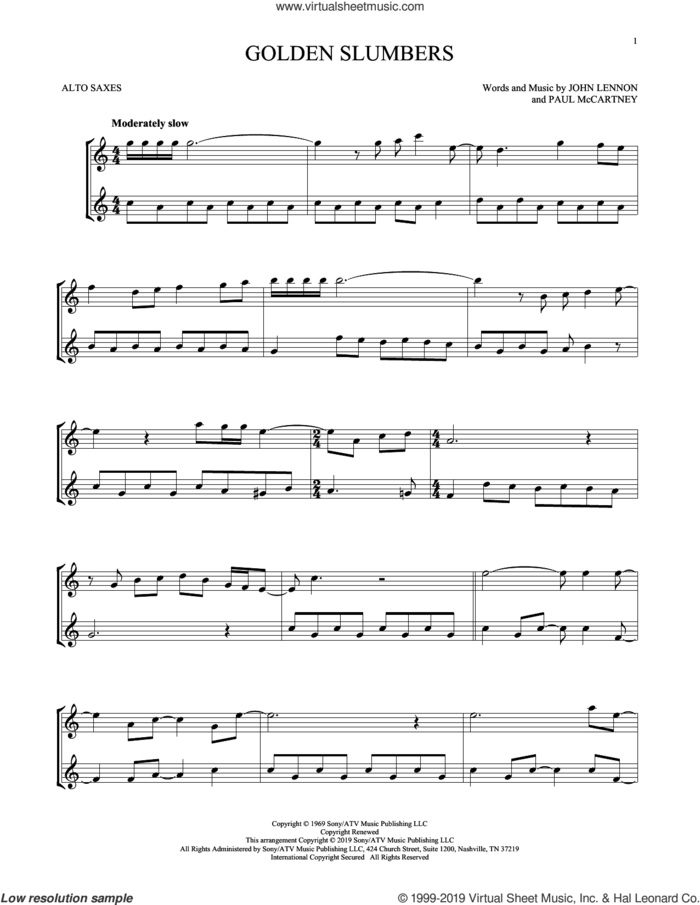 Golden Slumbers sheet music for two alto saxophones (duets) by The Beatles, John Lennon and Paul McCartney, intermediate skill level