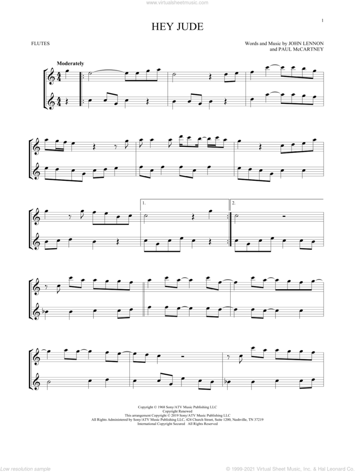 Hey Jude sheet music for two flutes (duets) by The Beatles, John Lennon and Paul McCartney, intermediate skill level