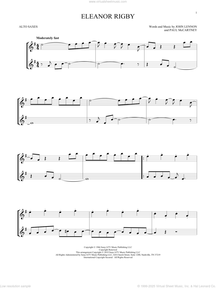 Eleanor Rigby sheet music for two alto saxophones (duets) by The Beatles, John Lennon and Paul McCartney, intermediate skill level