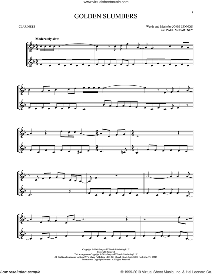 Golden Slumbers sheet music for two clarinets (duets) by The Beatles, John Lennon and Paul McCartney, intermediate skill level
