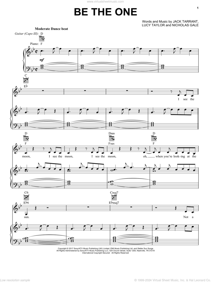Be The One sheet music for voice, piano or guitar by Dua Lipa, Jack Tarrant, Lucy Taylor and Nicholas Gale, intermediate skill level