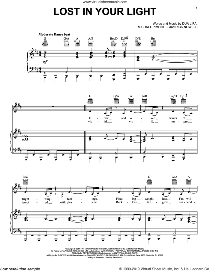 Lost In Your Light (featuring Miguel) sheet music for voice, piano or guitar by Dua Lipa, Dua Lipa featuring Miguel, Michel Pimentel and Rick Nowels, intermediate skill level