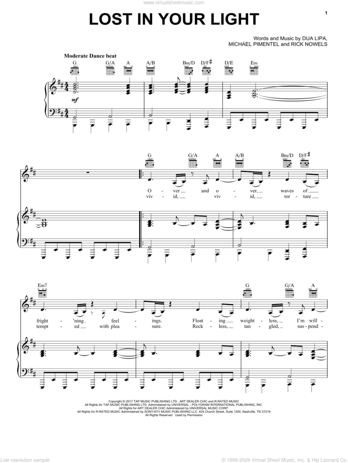 Lost In Your Light (featuring Miguel) sheet music for voice, piano or guitar by Dua Lipa, Dua Lipa featuring Miguel, Michel Pimentel and Rick Nowels, intermediate skill level