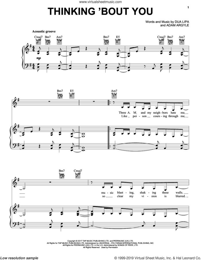 Thinking 'Bout You sheet music for voice, piano or guitar by Dua Lipa and Adam Argyle, intermediate skill level