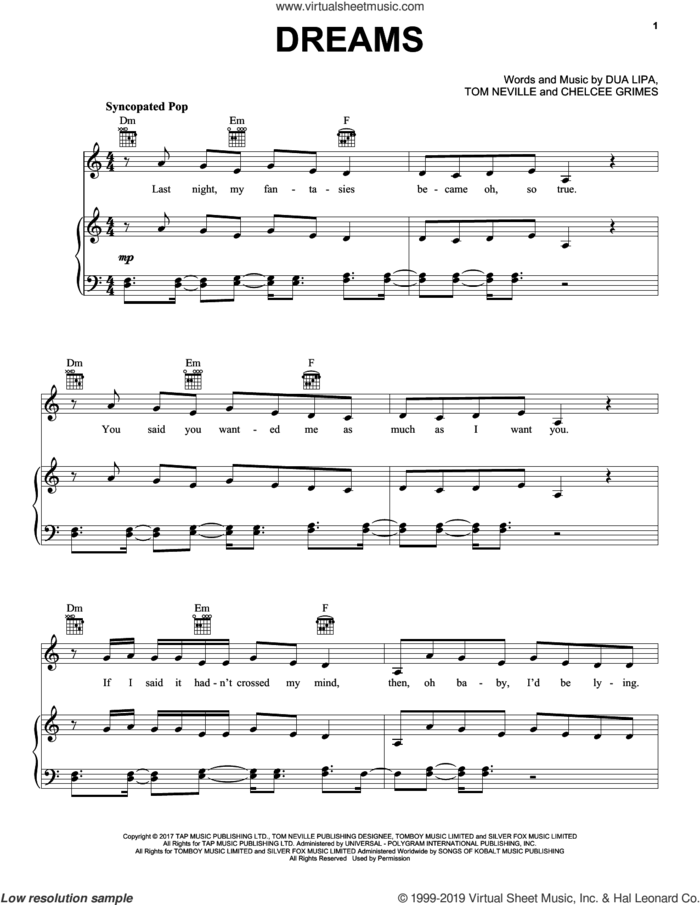 Dreams sheet music for voice, piano or guitar by Dua Lipa, Chelcee Grimes and Tom Neville, intermediate skill level